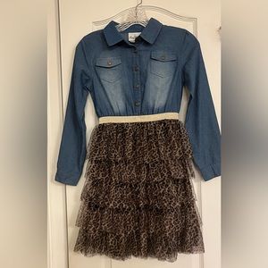 Rare Editions denim and leopard girl dress